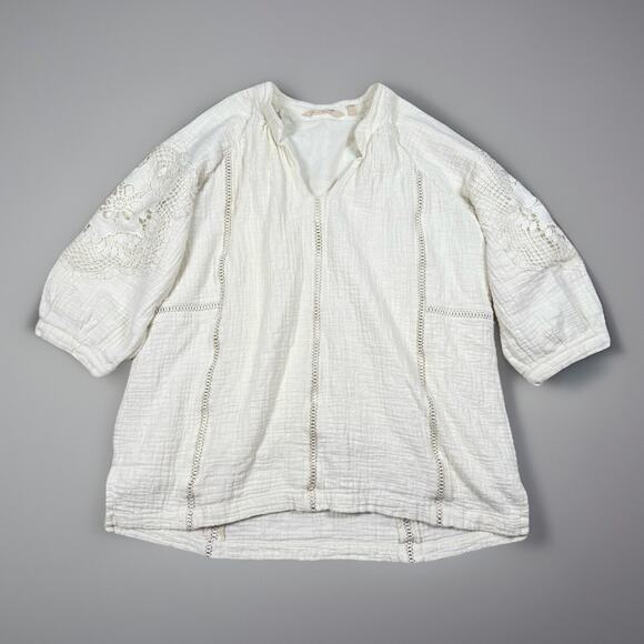 Soft Surroundings Magnolia Gauze Top Blouse Size L Ivory Crocheted Trim Lined - Picture 2 of 9